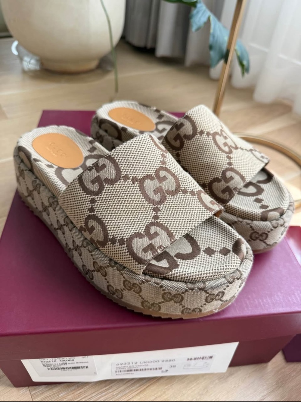 Gucci Beige/Brown GG Canvas Platform Slides